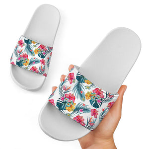 Aloha Hawaii Floral Pattern Print White Slide Sandals