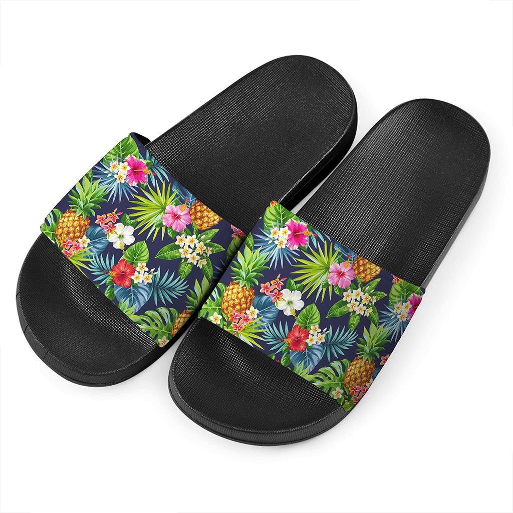 Aloha Hawaii Tropical Pattern Print Black Slide Sandals