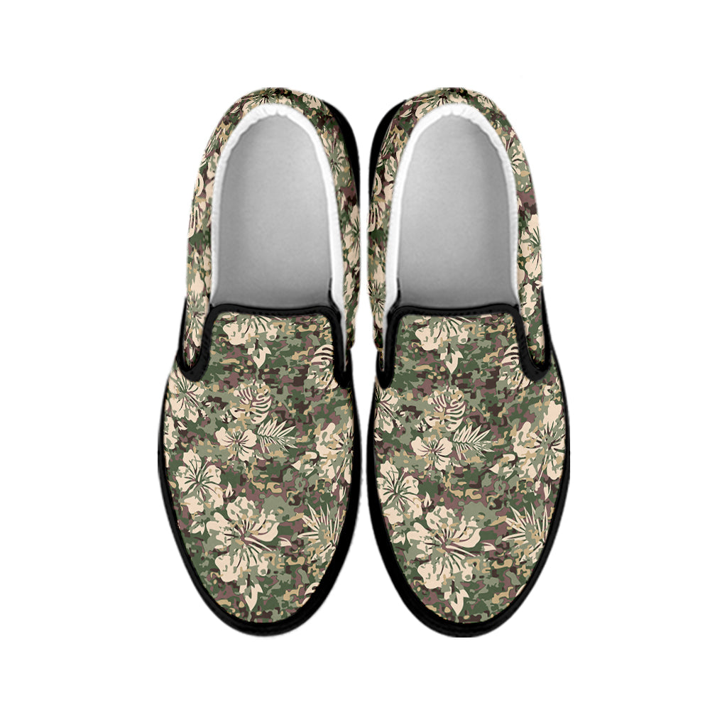 Aloha Hawaiian Camo Flower Pattern Print Black Slip On Shoes