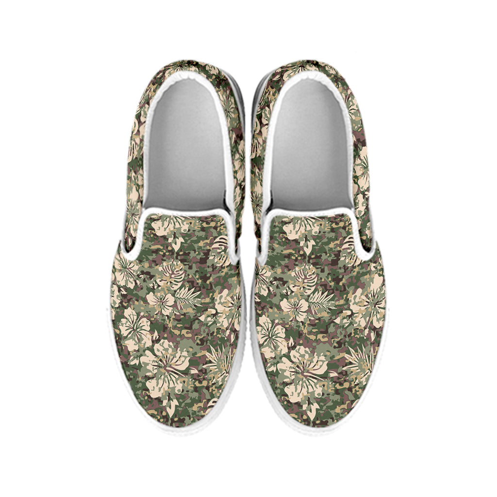 Aloha Hawaiian Camo Flower Pattern Print White Slip On Shoes