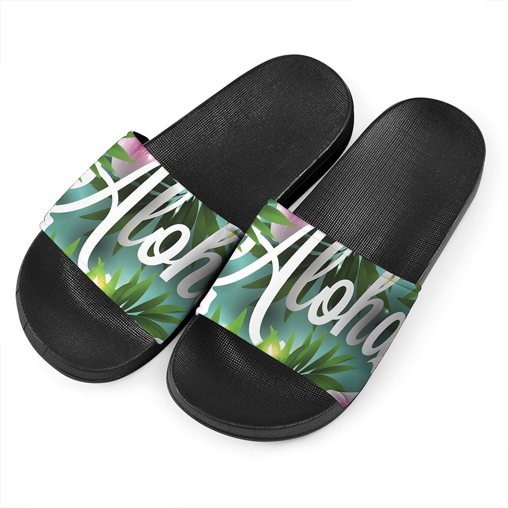 Aloha Hawaiian Flower Print Black Slide Sandals