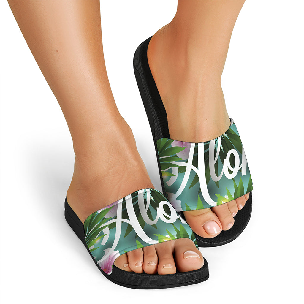 Aloha Hawaiian Flower Print Black Slide Sandals