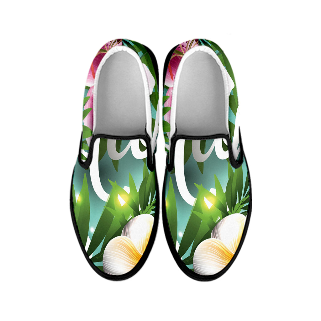 Aloha Hawaiian Flower Print Black Slip On Shoes