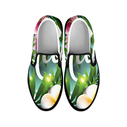 Aloha Hawaiian Flower Print Black Slip On Shoes