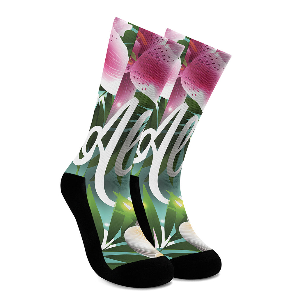 Aloha Hawaiian Flower Print Crew Socks