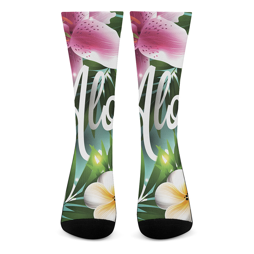 Aloha Hawaiian Flower Print Crew Socks