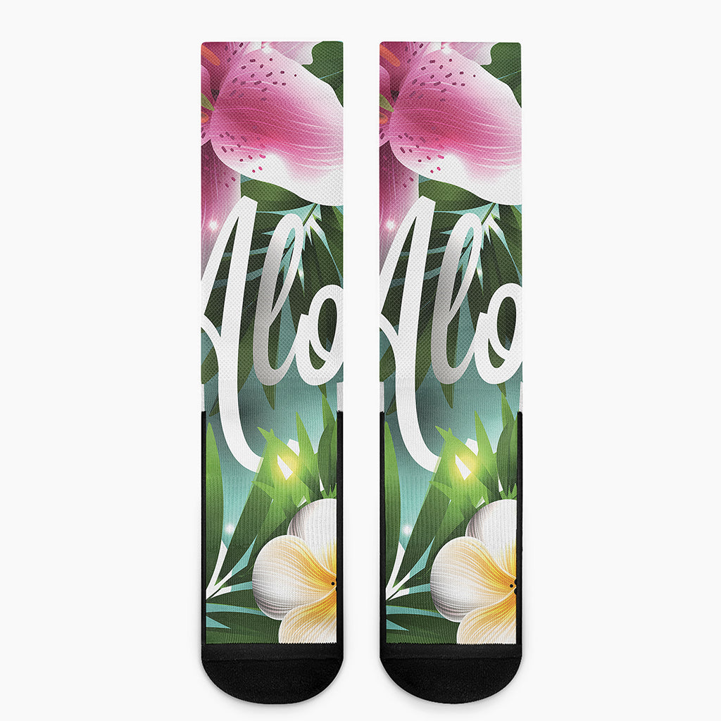 Aloha Hawaiian Flower Print Crew Socks