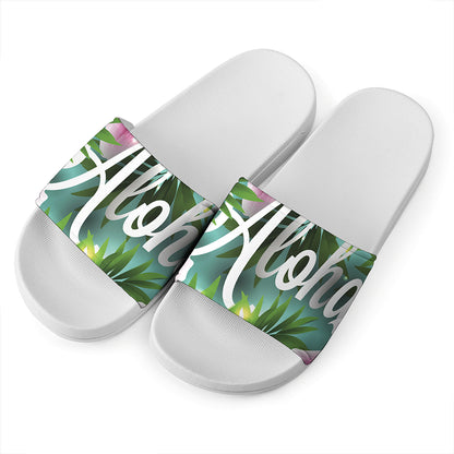 Aloha Hawaiian Flower Print White Slide Sandals