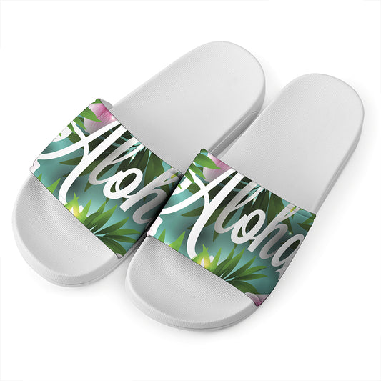 Aloha Hawaiian Flower Print White Slide Sandals