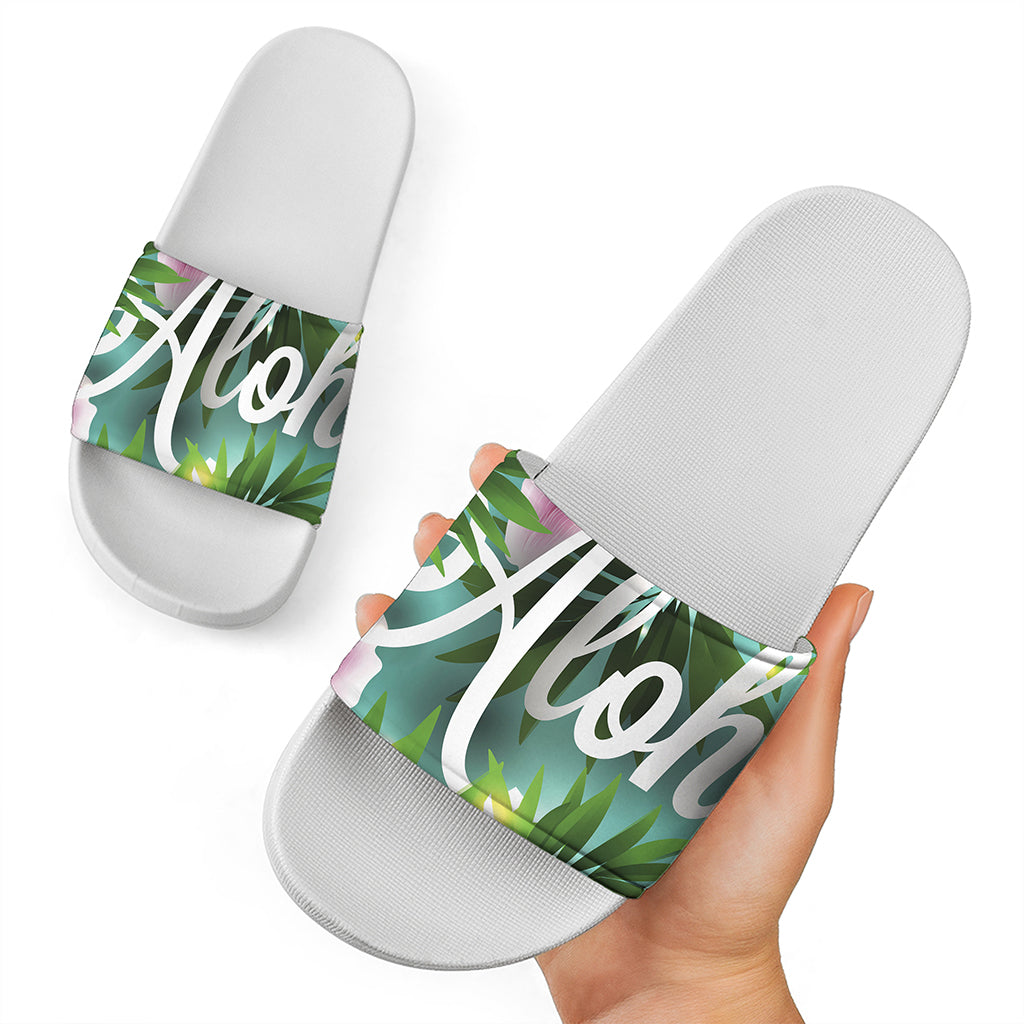 Aloha Hawaiian Flower Print White Slide Sandals