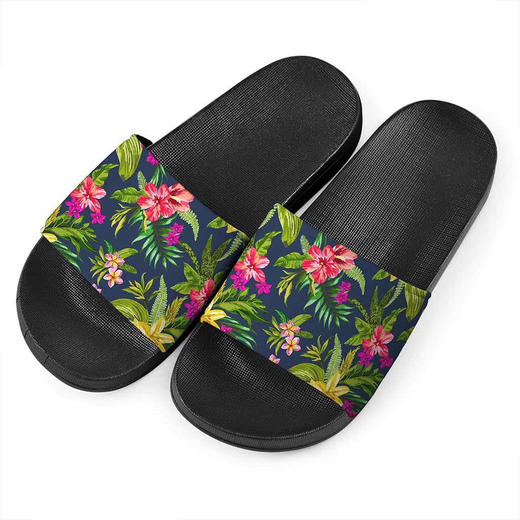 Aloha Hawaiian Flowers Pattern Print Black Slide Sandals