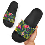 Aloha Hawaiian Flowers Pattern Print Black Slide Sandals