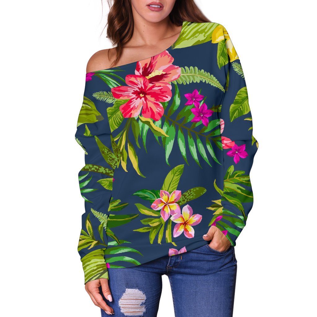 Aloha Hawaiian Flowers Pattern Print Off Shoulder Sweatshirt GearFrost