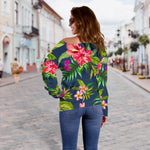 Aloha Hawaiian Flowers Pattern Print Off Shoulder Sweatshirt GearFrost