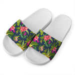 Aloha Hawaiian Flowers Pattern Print White Slide Sandals