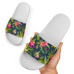 Aloha Hawaiian Flowers Pattern Print White Slide Sandals