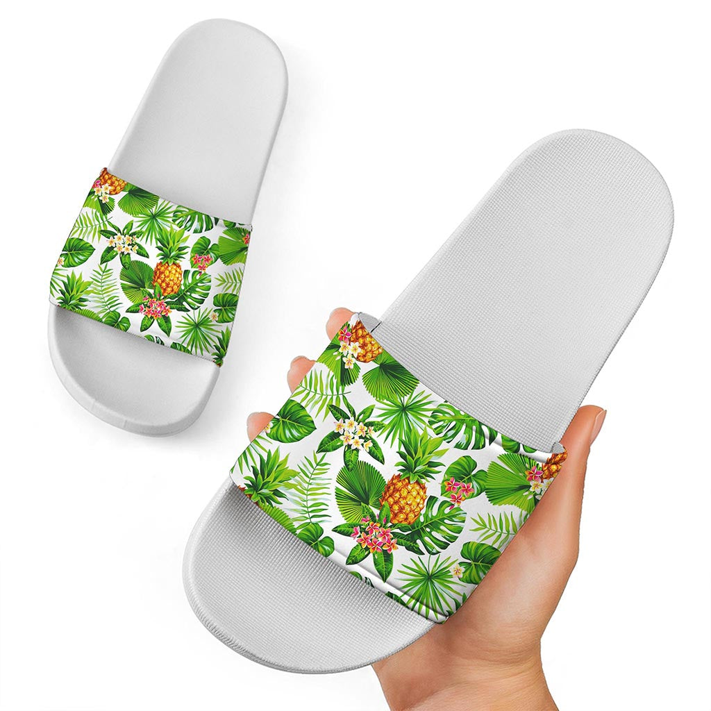 Aloha Hawaiian Pineapple Pattern Print White Slide Sandals