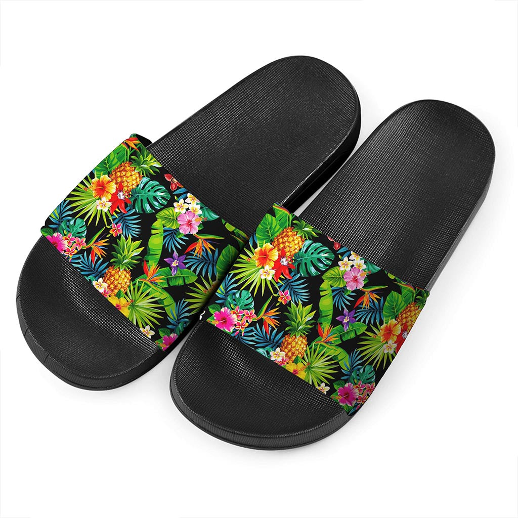 Aloha Hawaiian Tropical Pattern Print Black Slide Sandals