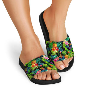 Aloha Hawaiian Tropical Pattern Print Black Slide Sandals