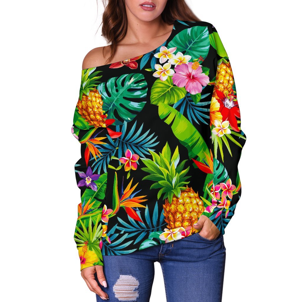 Aloha Hawaiian Tropical Pattern Print Off Shoulder Sweatshirt GearFrost