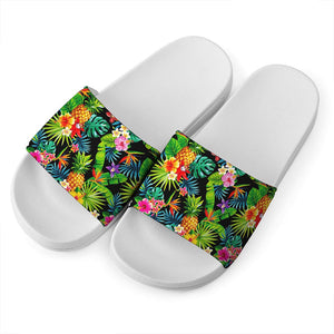 Aloha Hawaiian Tropical Pattern Print White Slide Sandals