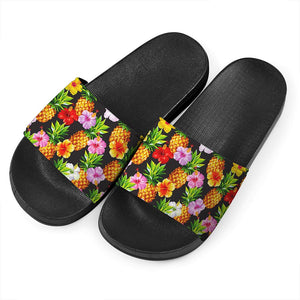 Aloha Hibiscus Pineapple Pattern Print Black Slide Sandals