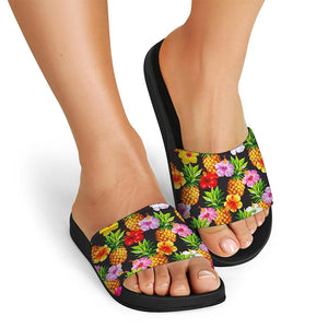 Aloha Hibiscus Pineapple Pattern Print Black Slide Sandals