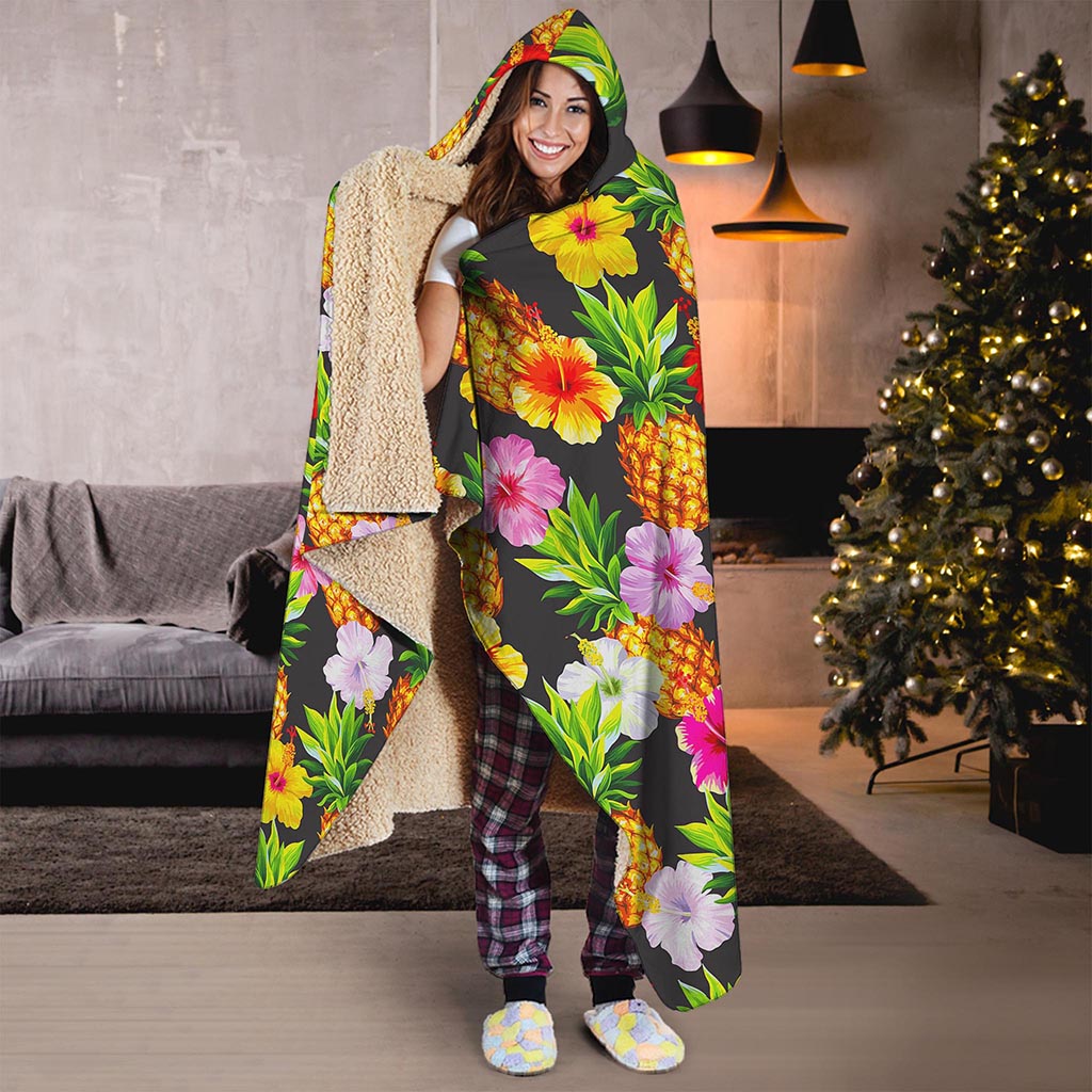 Aloha Hibiscus Pineapple Pattern Print Hooded Blanket