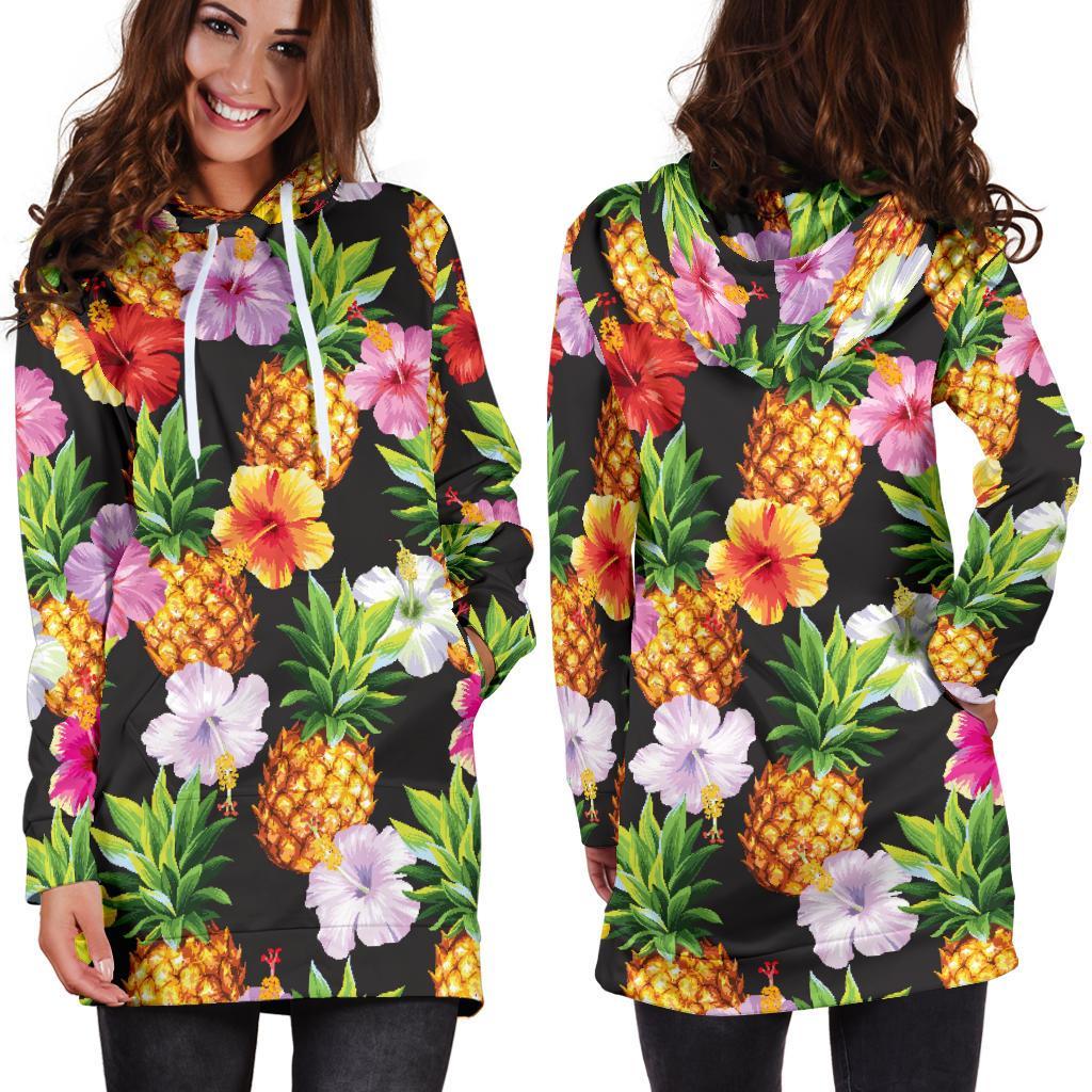 Aloha Hibiscus Pineapple Pattern Print Hoodie Dress GearFrost
