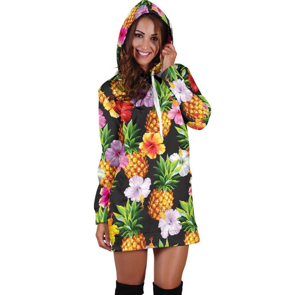 Aloha Hibiscus Pineapple Pattern Print Hoodie Dress GearFrost
