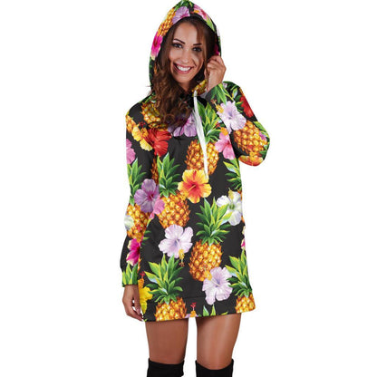 Aloha Hibiscus Pineapple Pattern Print Hoodie Dress GearFrost