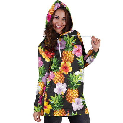 Aloha Hibiscus Pineapple Pattern Print Hoodie Dress GearFrost