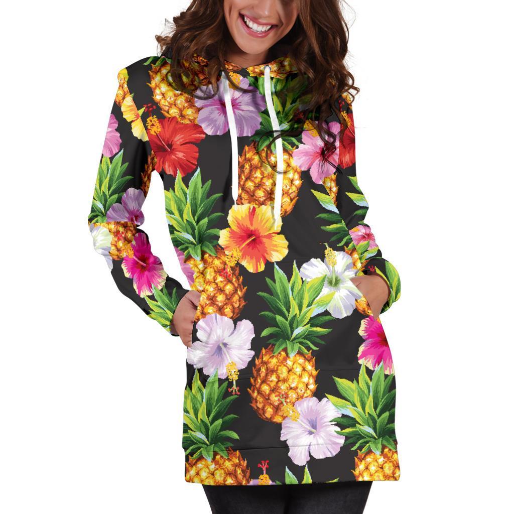 Aloha Hibiscus Pineapple Pattern Print Hoodie Dress GearFrost