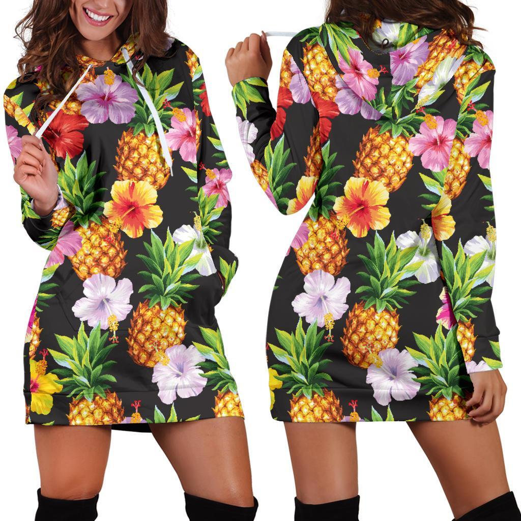 Aloha Hibiscus Pineapple Pattern Print Hoodie Dress GearFrost