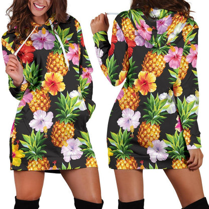 Aloha Hibiscus Pineapple Pattern Print Hoodie Dress GearFrost