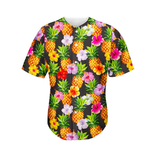 Aloha Hibiscus Pineapple Pattern Print Men's Baseball Jersey