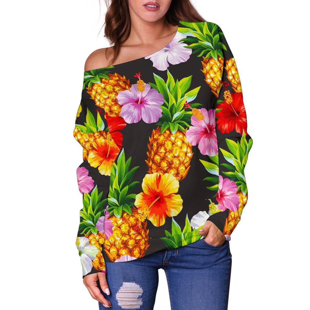 Aloha Hibiscus Pineapple Pattern Print Off Shoulder Sweatshirt GearFrost