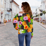 Aloha Hibiscus Pineapple Pattern Print Off Shoulder Sweatshirt GearFrost