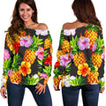 Aloha Hibiscus Pineapple Pattern Print Off The Shoulder Sweatshirt
