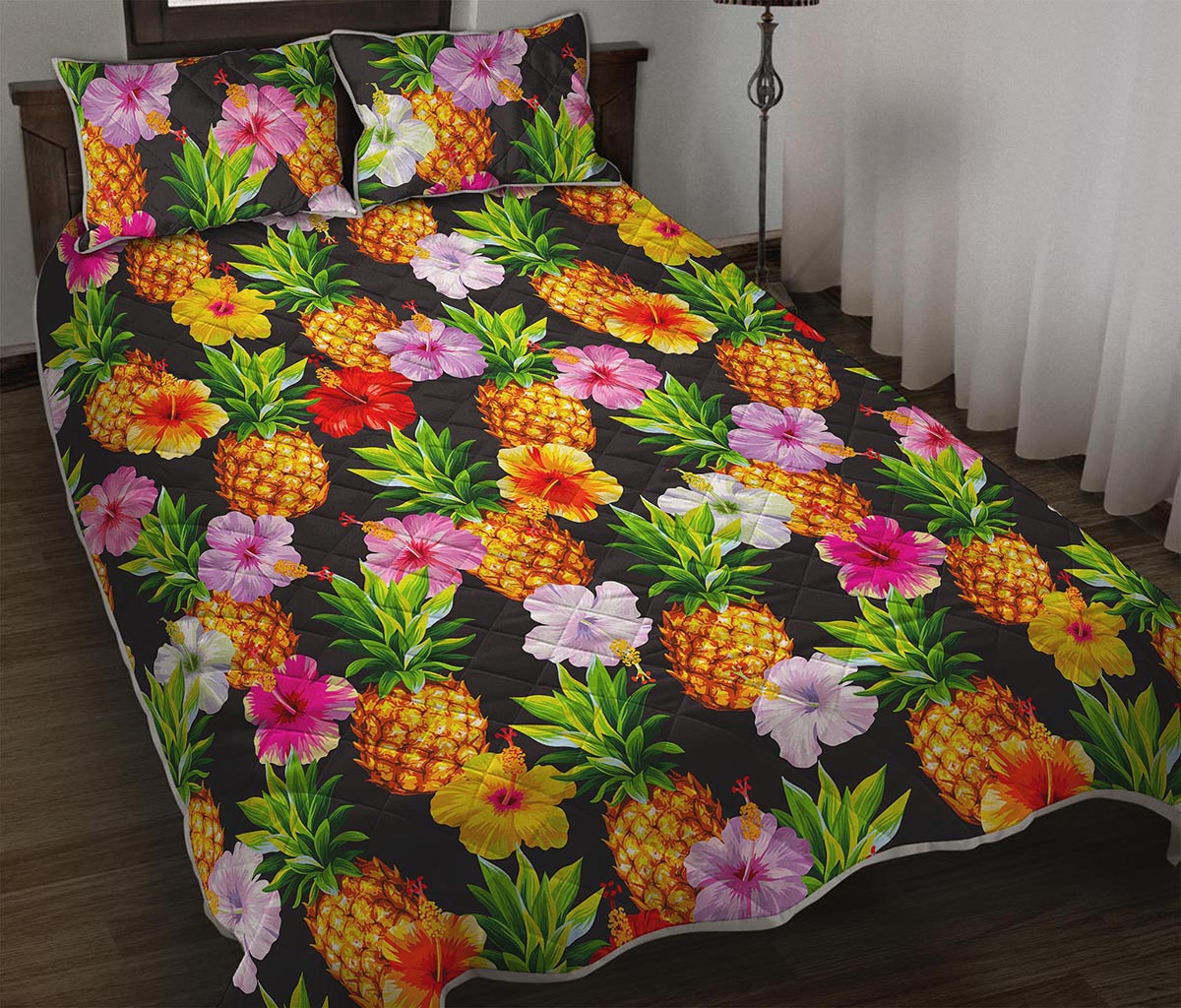 Aloha Hibiscus Pineapple Pattern Print Quilt Bed Set