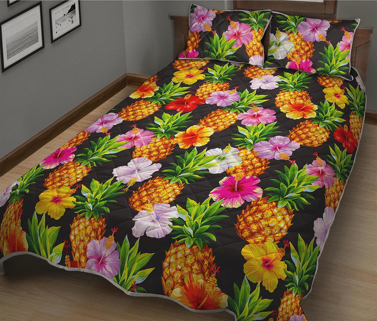 Aloha Hibiscus Pineapple Pattern Print Quilt Bed Set