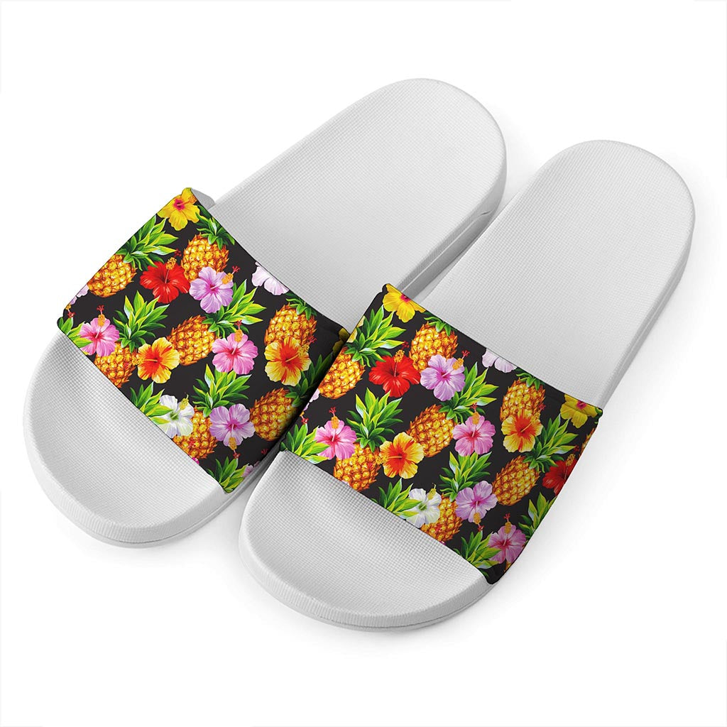 Aloha Hibiscus Pineapple Pattern Print White Slide Sandals