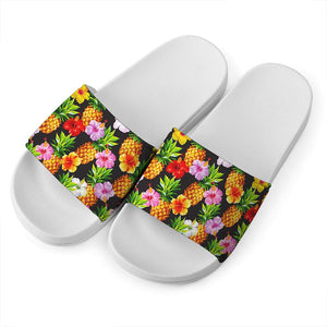 Aloha Hibiscus Pineapple Pattern Print White Slide Sandals