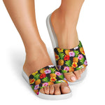 Aloha Hibiscus Pineapple Pattern Print White Slide Sandals