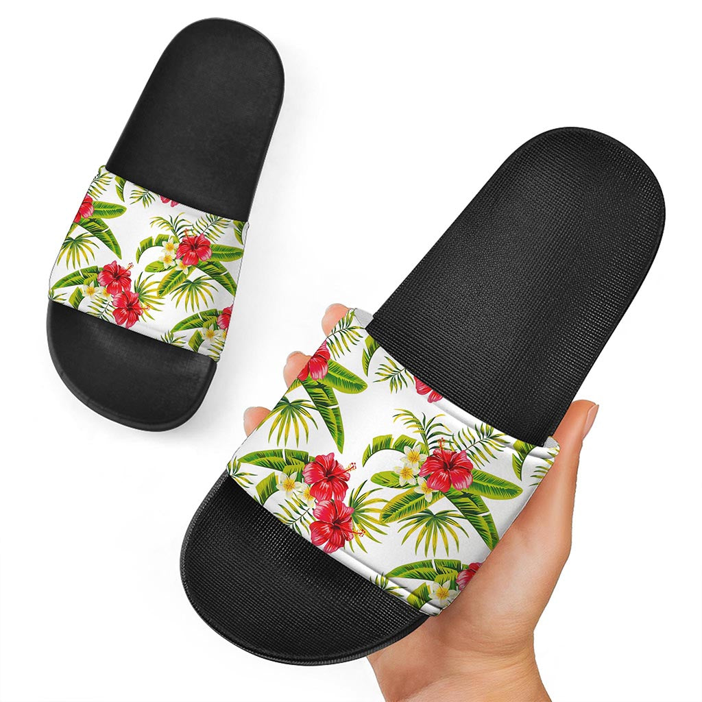 Aloha Hibiscus Tropical Pattern Print Black Slide Sandals