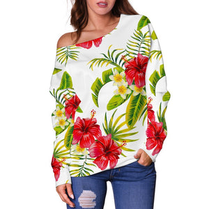 Aloha Hibiscus Tropical Pattern Print Off Shoulder Sweatshirt GearFrost