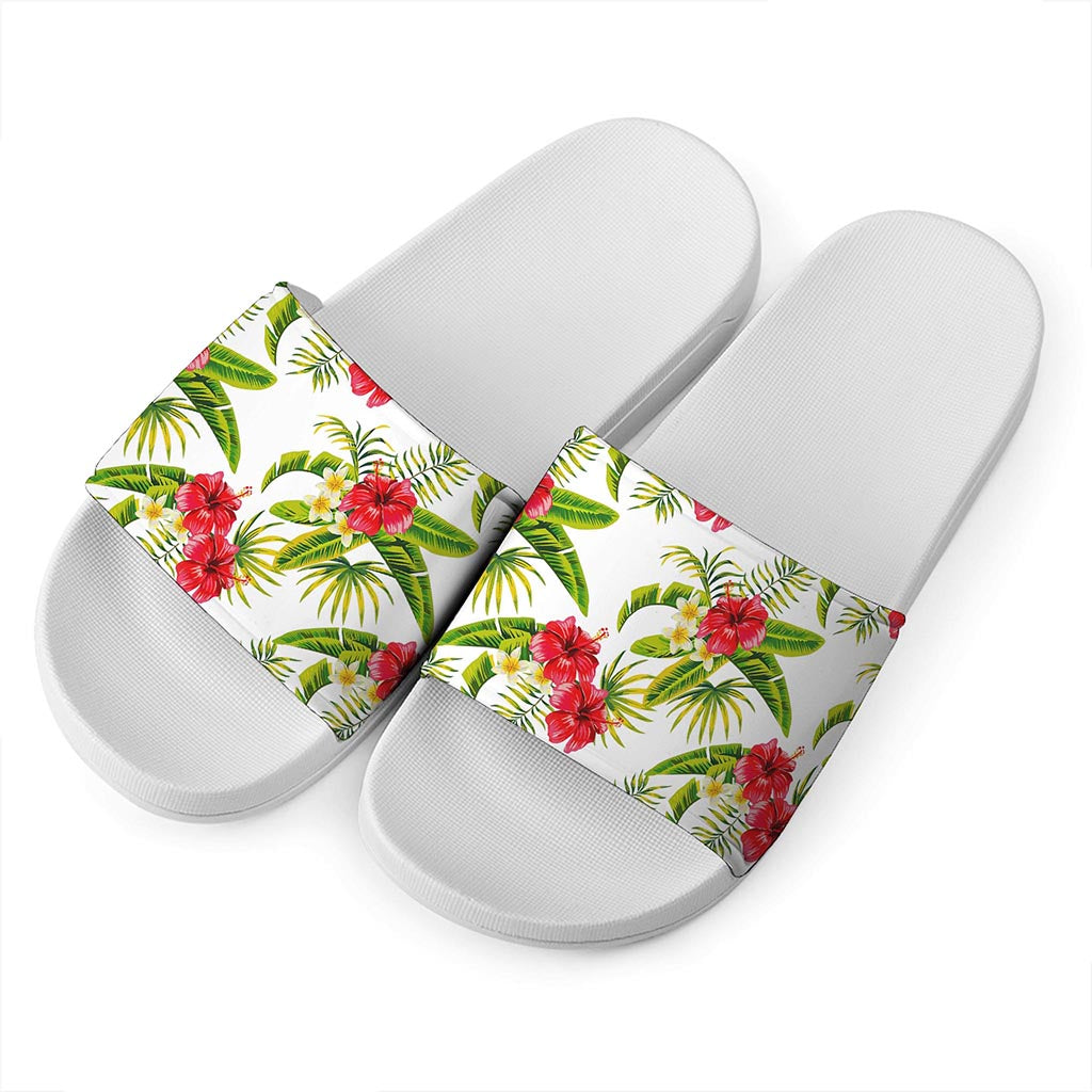 Aloha Hibiscus Tropical Pattern Print White Slide Sandals