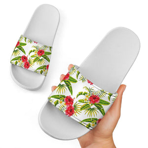 Aloha Hibiscus Tropical Pattern Print White Slide Sandals