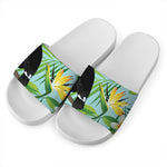 Aloha Keel-Billed Toucan Print White Slide Sandals