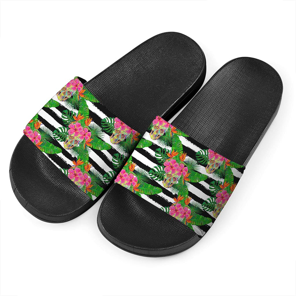 Aloha Skull Striped Pattern Print Black Slide Sandals